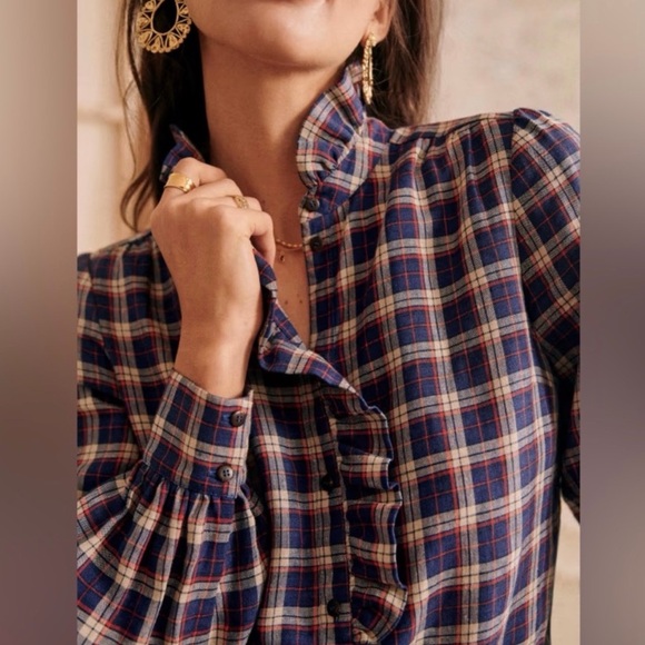 Sezane - Chloe Linen Plaid Ruffle Collar Women's Top - Picture 3 of 9